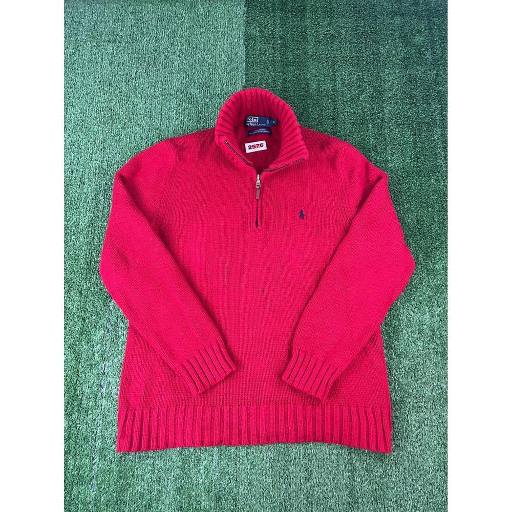 Polo Ralph Lauren Mens Small Red Cotton Quarter Zip Mock Neck Pony Logo Sweater